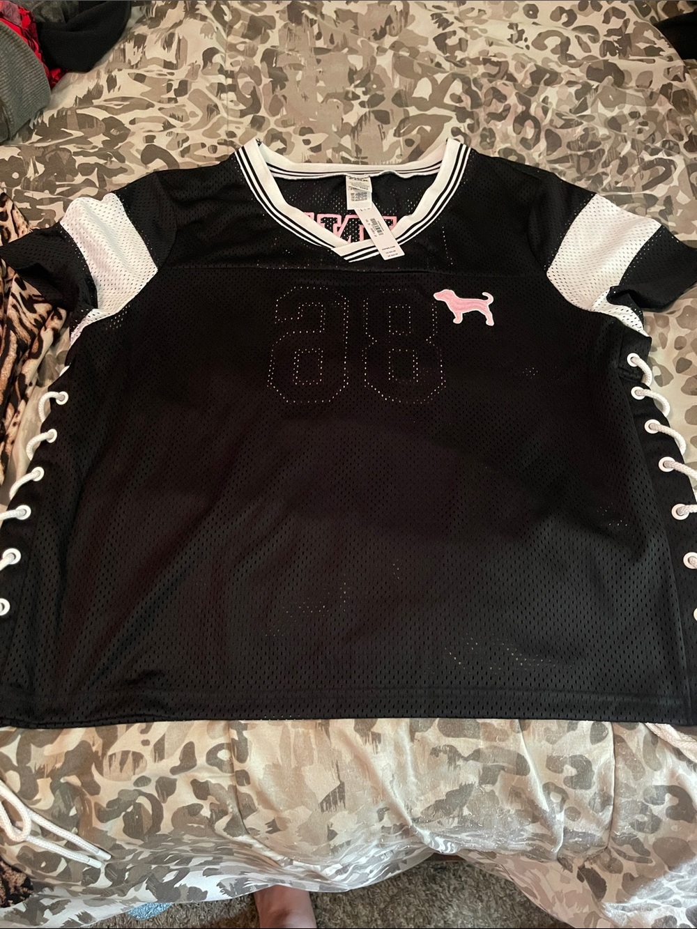 PINK Victoria's Secret Black Mesh Lace-Up Sport Top with Pink Logo